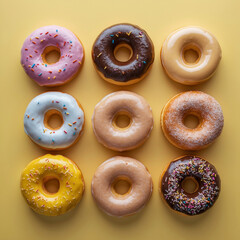 assorted donuts on bright yellow background