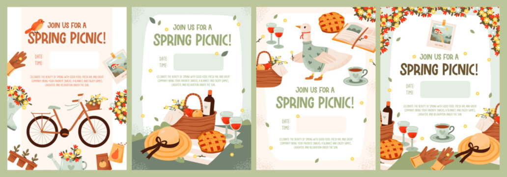 Spring picnic party invitation template set. Picnic baskets filled with goodies against a vibrant spring backdrop. Flat vector illustration.