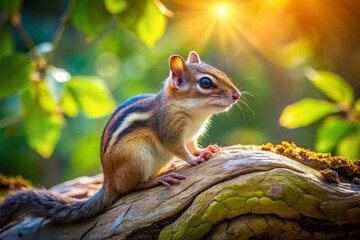 Obraz premium Panoramic View: Adorable Chipmunk on Weathered Tree Branch