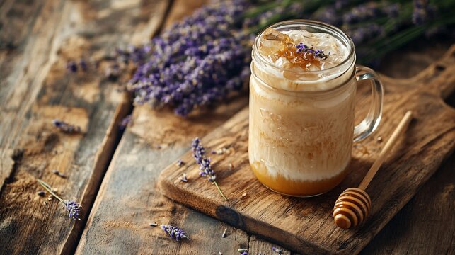 A cozy, rustic kitchen scene featuring an iced lavender honey latte in a mason jar, with a honey dipper resting on a wooden cutting board