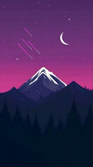 Minimalist mountain landscape at night with shooting stars, simple shapes
