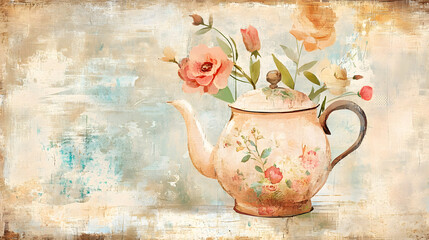 Vintage teapot with flowers on grunge textured background