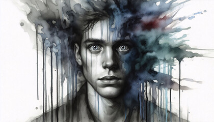 A Chaotic Watercolor Portrait of a Young Man with Wide Eyes and Tense Expression, Blurred by Drips of Cold Hues