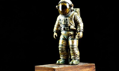 Astronaut statue, dark background, space exploration, collectible figurine - Powered by Adobe