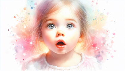 Fototapeta premium A Delicate Watercolor Portrait of a Child in Pure Astonishment, Surrounded by Soft Pastels and Blurred Colorful Bursts