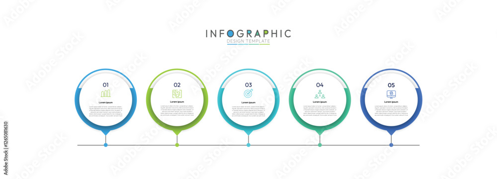 Poster 5 step timeline infographic template with circular icons, the core structure is a horizontal line th