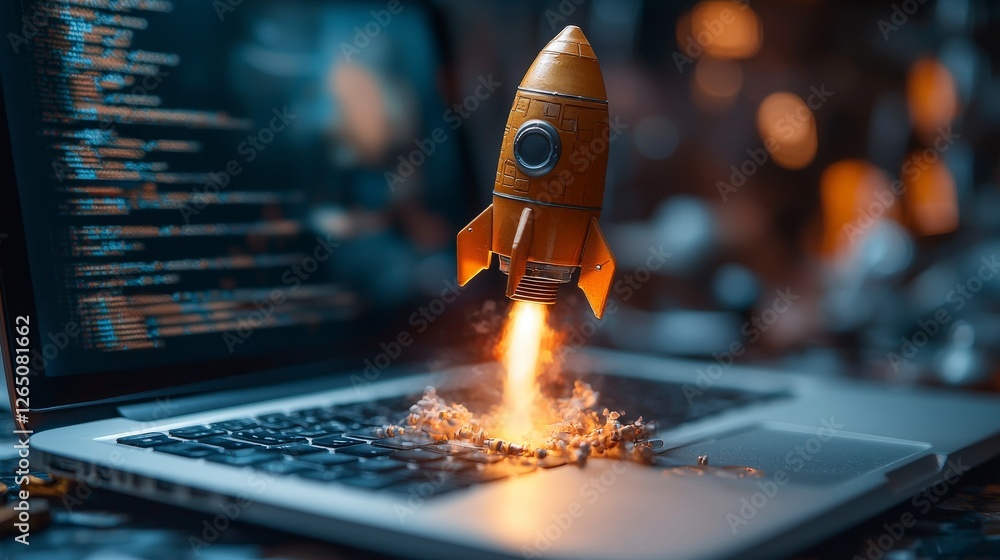 Aufkleber an ethereal rocket bursting from a laptop interface, surrounded by a cloud of colors, illustrates th
