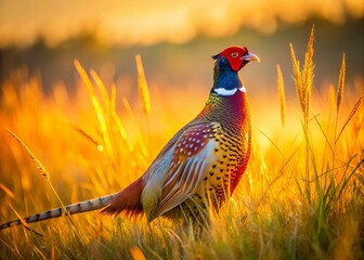 Panoramic View of a Pheasant Camouflaged in Tall Grass