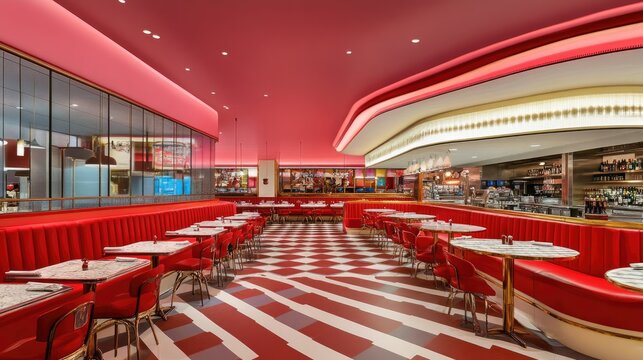 Retro diner with red booths and checkerboard floors
