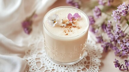 A gourmet iced lavender honey latte in an etched glass, garnished with delicate edible flowers, placed on a lace doily, isolated on a soft pastel background