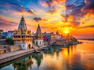 Naklejka premium Panoramic View of Gomti Ghat & Dwarkadhish Temple, Dwarka, Gujarat, India - Sunrise Landscape