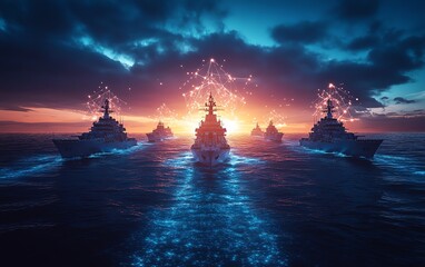 Obraz premium Advanced naval technology concept featuring a digital network overlay on the ocean, warships silhouetted against a glowing horizon at dusk