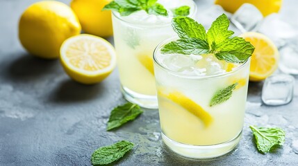 Fototapeta premium Two Glasses of Lemonade Garnished with Fresh Mint Leaves. Lemons Scattered in the Background, on a Grey Tabletop. Ice Cubes in Glasses. Focus on Pale Yellow Colour, Leaf and Liquid Texture. Soft Light