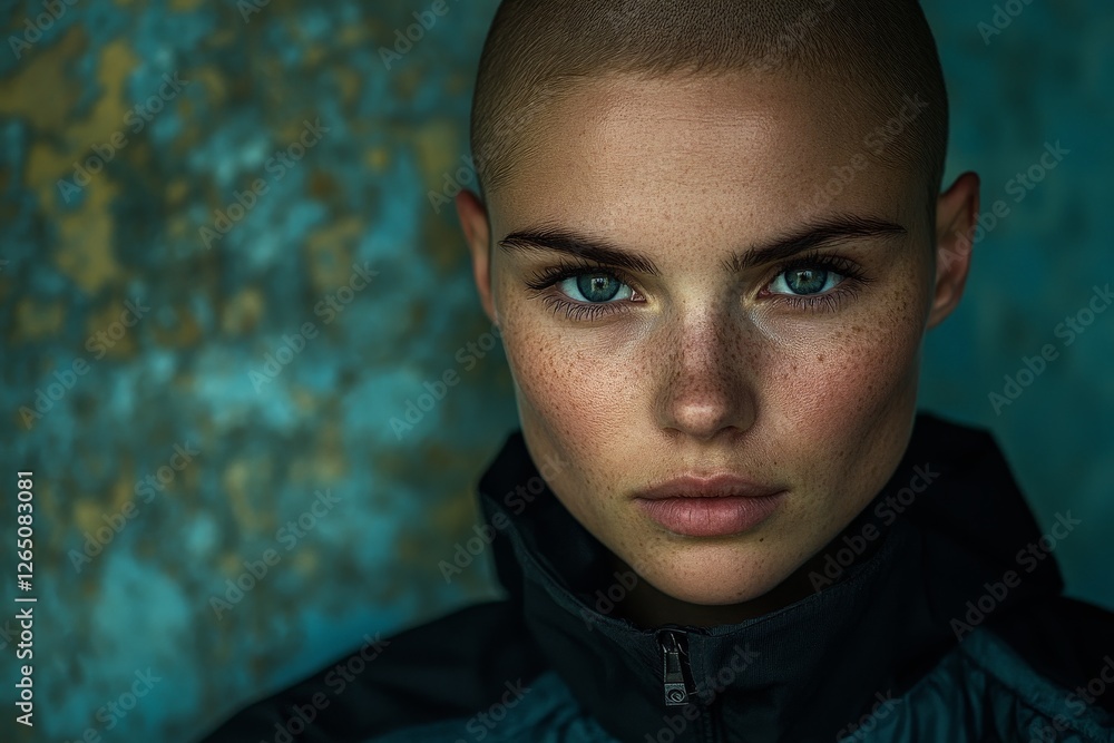 Poster striking portrait of a person with a shaved head and piercing blue eyes against a textured backgroun