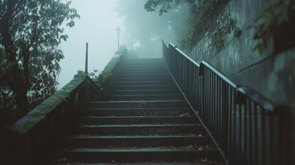 Obraz premium Mist-engulfed stone steps lead upwards, surrounded by dense foliage, exuding mystery and solitude.