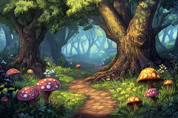 Gordijnen Enchanted Forest Path: A whimsical digital painting of a magical forest path, surrounded by lush greenery © Andsx