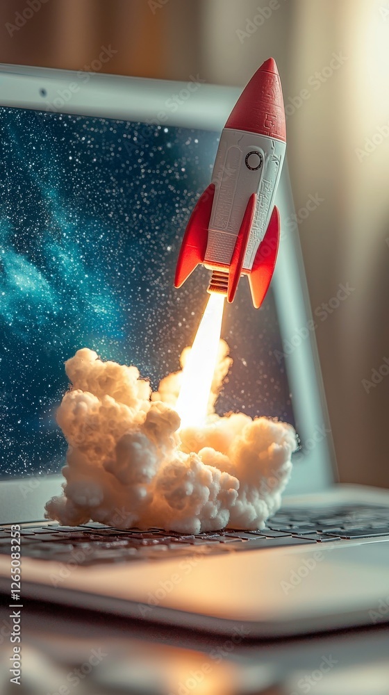 Poster this dynamic image features a striking red rocket launching from a laptop screen, surrounded by clou