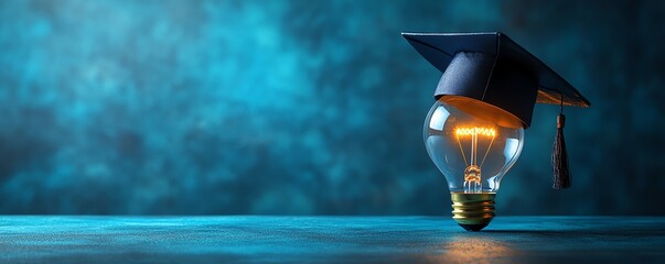 Bachelor cap and light bulb on a blue background, representing educational innovation and ideas, highresolution photo style