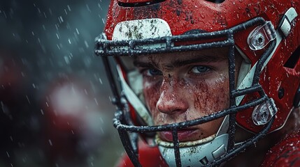 Football player in rain, focused expression, close-up
