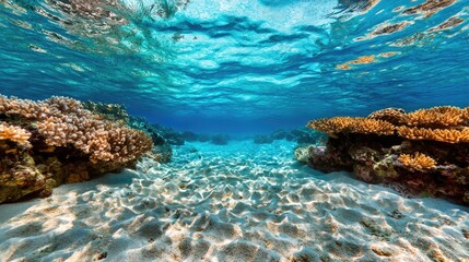 Obraz premium Underwater coral reef, sandy bottom, sunlight penetration, nature's beauty