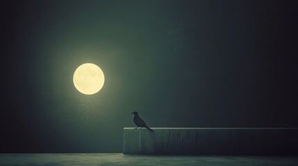 A solitary bird sits on the edge under a luminescent full moon, capturing a quiet, pensive moment of solitude in darkness.