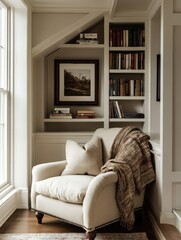 Cozy reading nook with armchair and built in bookshelves