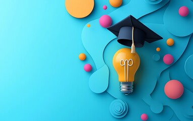 Educational innovation visual, showcasing a bachelor cap and a light bulb on a blue background, representing new ideas and academic growth