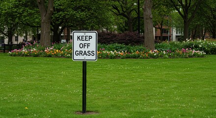 Keep Off Grass Sign in Lush Green Park with Flowerbed