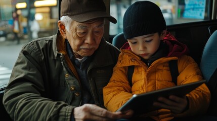 An elder and a child share a moment on a bus, engrossed in a tablet together, illustrating a bridge between generations.