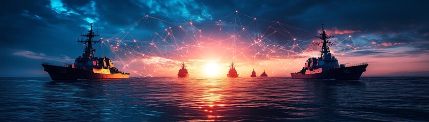 Obraz premium Futuristic naval operations with digital network data flowing over the ocean, warships in silhouette on the horizon, cuttingedge military technology