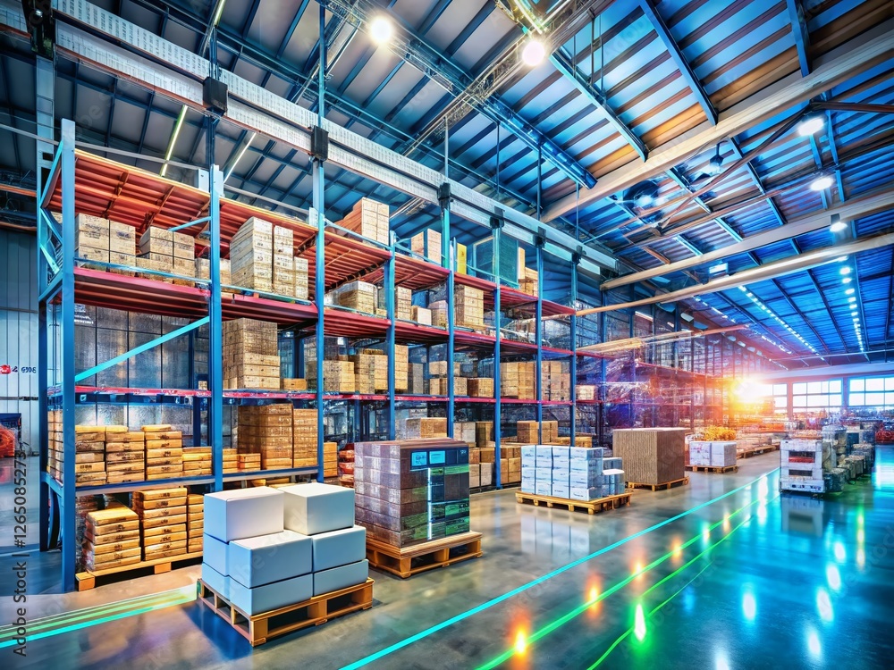Poster panoramic warehouse data processing: visualizing logistics and efficiency with interactive diagrams