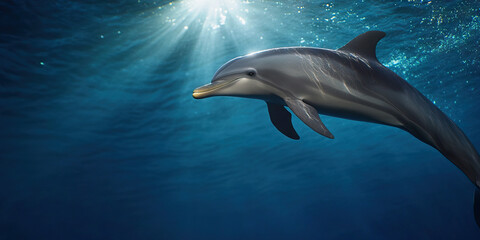 Fototapeta premium Underwater Photograph of a Dolphin in Blue Water