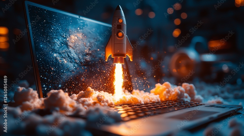 Poster an artistic representation of a space rocket launching from a computer display, set in a dark ambian