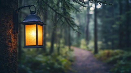A glowing lantern on a tree trunk lights a path through a tranquil forest, offering guidance and a sense of wonder.