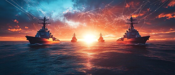 Hightech naval concept with digital network overlay on the ocean, warships silhouetted against the horizon, futuristic military technology
