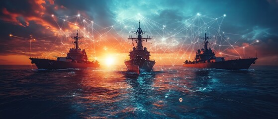 Fototapeta premium Hightech naval concept with digital network overlay on the ocean, warships silhouetted against the horizon, futuristic military technology