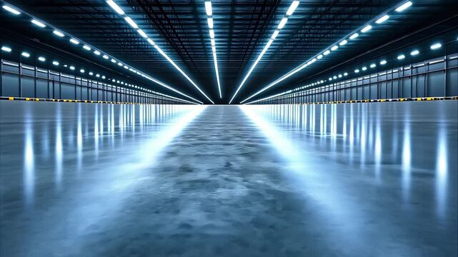 A spacious, well-lit industrial area with a reflective floor and parallel lights creating a linear perspective.