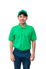 Smiling Asian delivery male worker in green uniform and cap isolated on white background