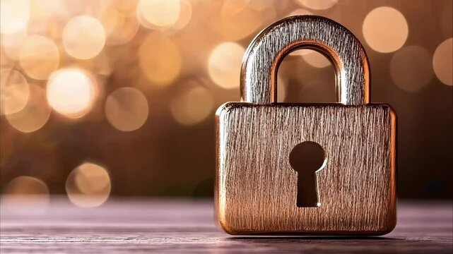 A shiny padlock in the foreground with a blurred golden background, suggesting themes of security and protection.