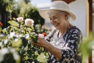 Joyful senior woman gardening: smiling elderly lady in sunhat pruning roses in her garden