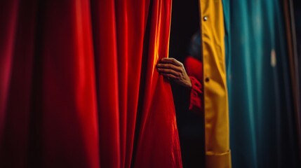 A hidden hand parts vivid curtains, revealing a glimpse of mystery and anticipation in vibrant colors.
