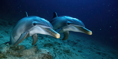 Fototapeta premium Two Bottlenose Dolphins Underwater Near Sandy Seabed