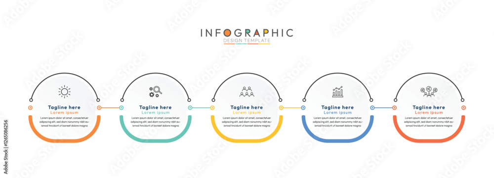 Poster 5 step circular process infographic template, five interconnected stages or steps, each represented 