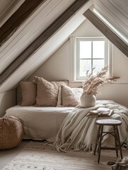 Cozy attic nook featuring a daybed and rustic accents