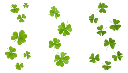 four leaf clover PNG. green shamrocks falling down PNG. Lucky green shamrocks falling down in mid-air. Fresh four-leaf clovers floating, symbolizing luck and good fortune for Saint Patrick's Day.