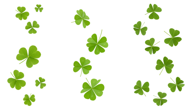 four leaf clover PNG. green shamrocks falling down PNG. Lucky green shamrocks falling down in mid-air. Fresh four-leaf clovers floating, symbolizing luck and good fortune for Saint Patrick's Day.