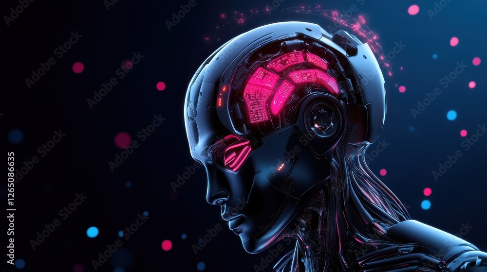 Aufkleber futuristic concept of human-like robot with neon lights and advanced technology elements for artific