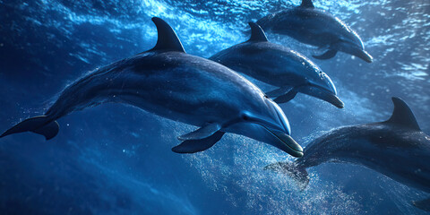 Fototapeta premium Four Dolphins Swimming Underwater