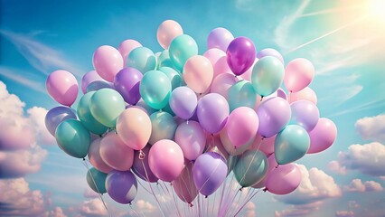 Pastel Balloons Floating on Light Blue Background - Dreamy Springtime Scene
