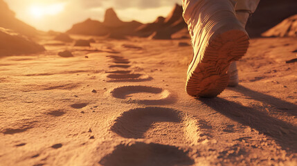 Sunset Martian Expedition: A lone astronaut leaves footprints in the rusty red dust of Mars, under the warm glow of the setting sun.  A journey into the unknown.